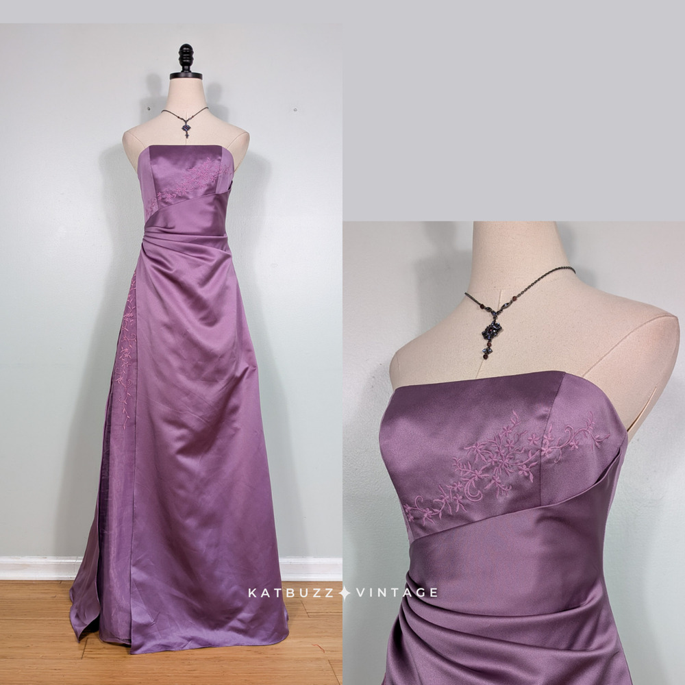 Y2K Prom Dress Maxi Gown 2 Purple Princess Strapless Bead Glam Pleated Formal